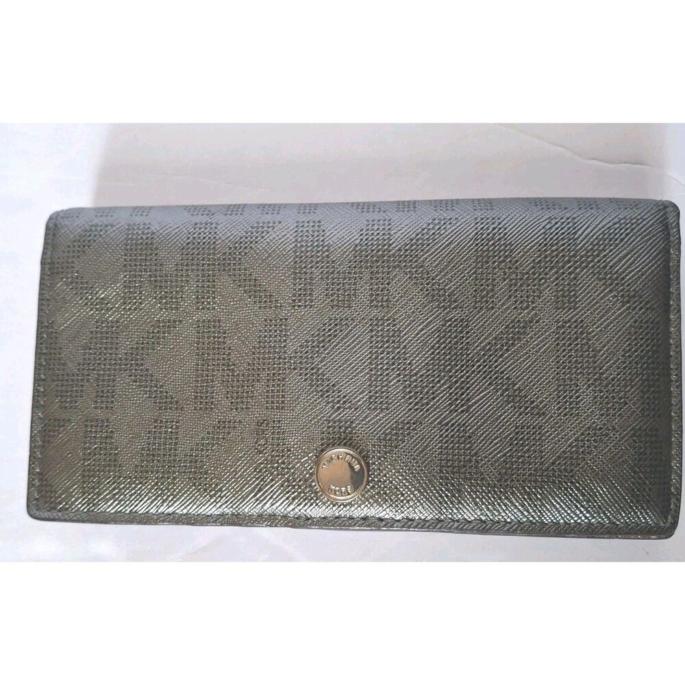 Michael Kors Wallet Silver Allover Logo Print Snap Close Y2K Revival Metallic